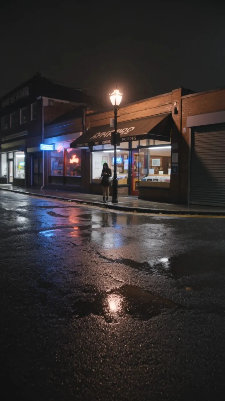 Photorealistic live-action style first-person POV you are walking down a dim rain-dampened street neon light reflections ripple across the wet asphalt the street is entirely deserted suddenly a young part-time freelance illustrator stands under a vintage cast-iron streetlamp ahead of you she wears a high-waisted pleated mini skirt and is looking down at her smartphone you walk over to greet her she looks up at you smiles then turns and leads you into a small adjacent cozy independent record shop off the side of the street